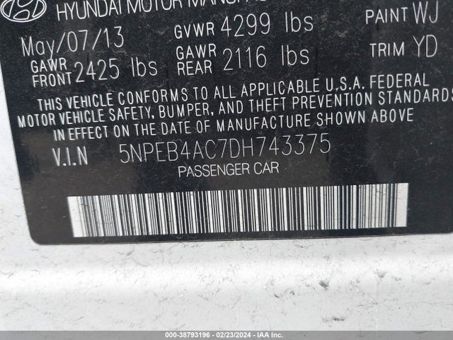 38793196 :رقم المزاد ، 5NPEB4AC7DH743375 vin ، 2013 Hyundai Sonata Gls مزاد بيع