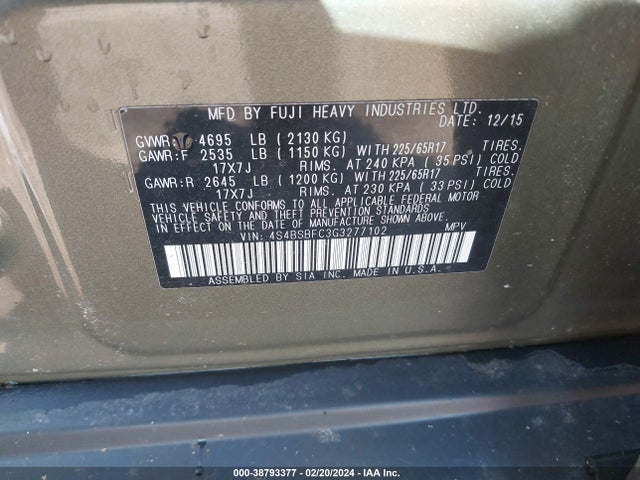 Subaru Outback 2.5i Premium 2016 4S4BSBFC3G3277102 Image 9