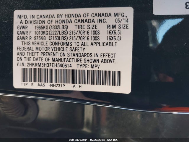 Honda CR-V LX 2014 2HKRM3H37EH540614 Image 9