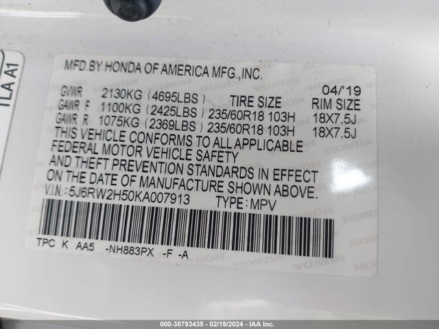 Honda CR-V EX 2019 5J6RW2H50KA007913 Image 9