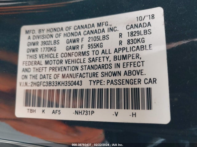 Honda CIVIC EX 2019 2HGFC3B33KH350443 Image 9