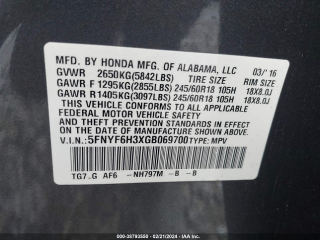 5FNYF6H3XGB069700 Honda Pilot Ex