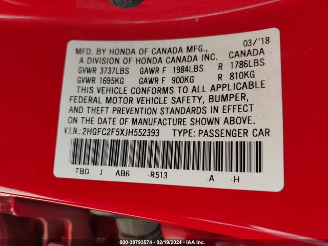 Honda Civic Lx 2018 2HGFC2F5XJH552393 Image 9
