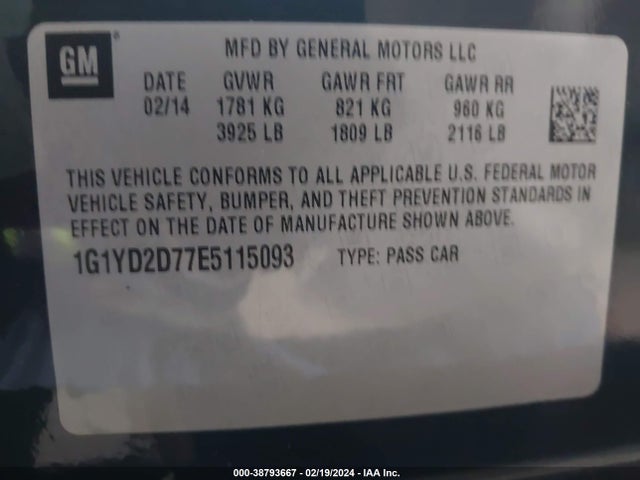 Chevrolet CORVETTE STINGRAY 2014 1G1YD2D77E5115093 Image 9