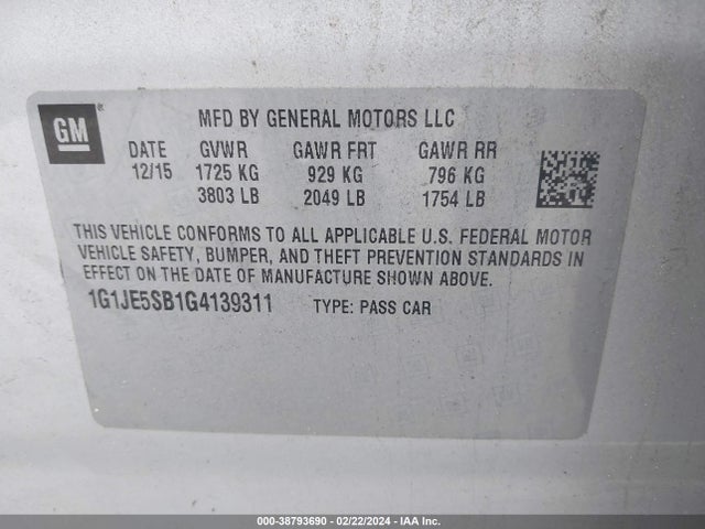 Chevrolet Sonic Ltz Auto 2016 1G1JE5SB1G4139311 Image 9