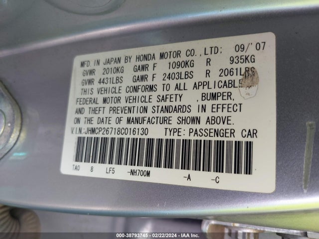 2008 HONDA ACCORD 2.4 EX VIN: JHMCP26718C016130
