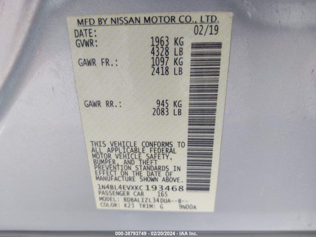 Nissan Altima 2.5 Sl 2019 1N4BL4EVXKC193468 Image 9