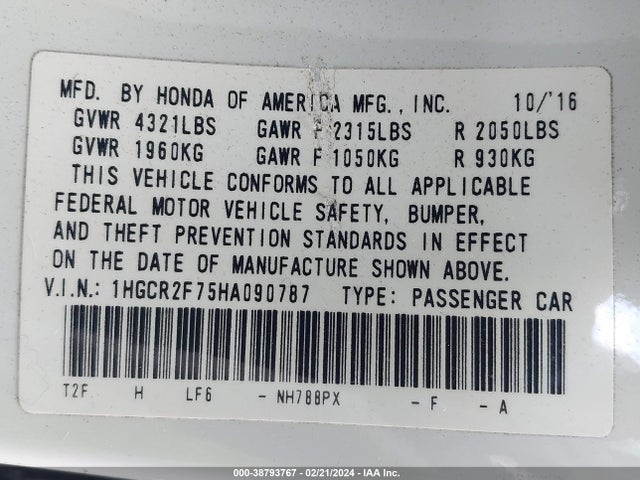 Honda ACCORD EX 2017 1HGCR2F75HA090787 Image 9