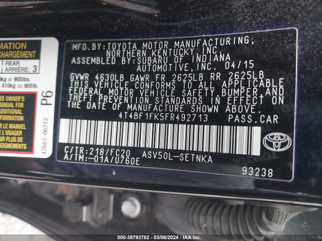 Toyota CAMRY LE 2015 4T4BF1FK5FR492713 Image 9