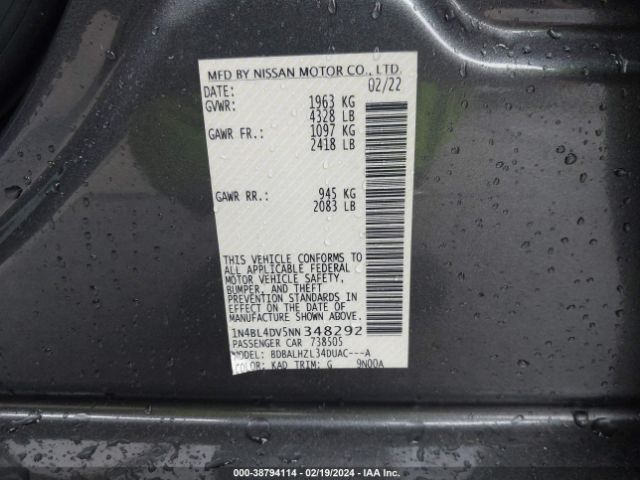 1N4BL4DV5NN348292 Nissan Altima Sv Fwd