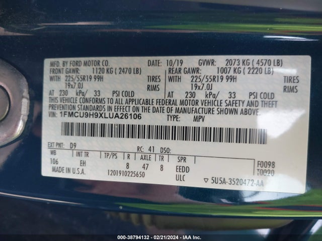 Ford ESCAPE SEL 2020 1FMCU9H9XLUA26106 Image 9