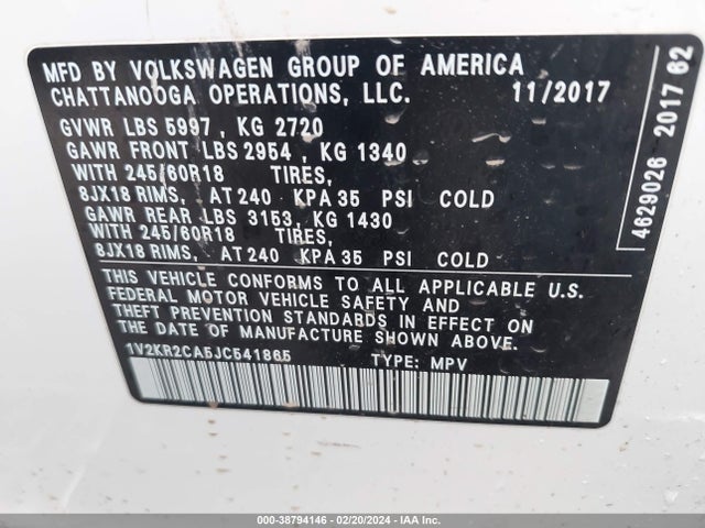 Volkswagen Atlas 3.6l V6 Se 2018 1V2KR2CA5JC541865 Image 9