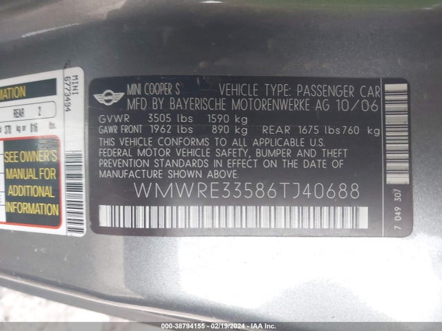 2006 MINI COOPER S WMWRE33586TJ40688 Photo 8