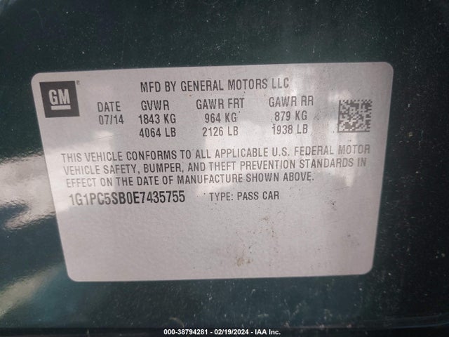 Продажа на аукционе авто 2014 Chevrolet Cruze 1lt Auto, vin: 1G1PC5SB0E7435755, номер лота: 38794281