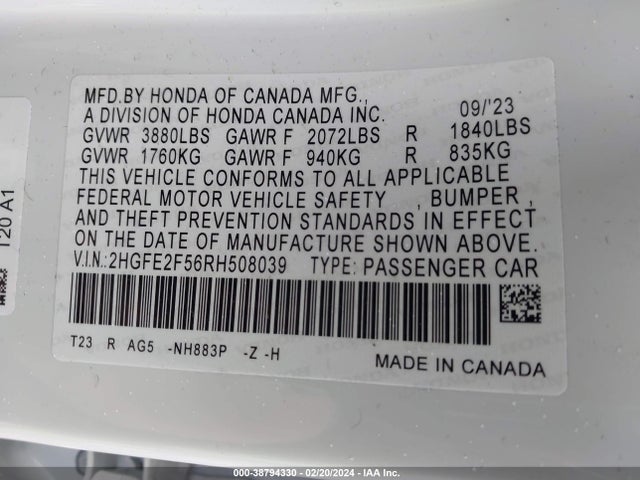 Honda Civic Sport 2024 2HGFE2F56RH508039 Image 9