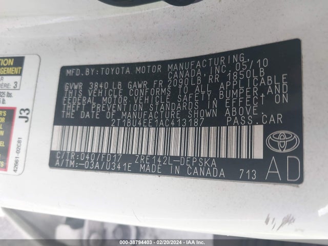Aukcja sprzedaży 2010 Toyota Corolla S, vin: 2T1BU4EE1AC413187, numer aukcji: 38794403