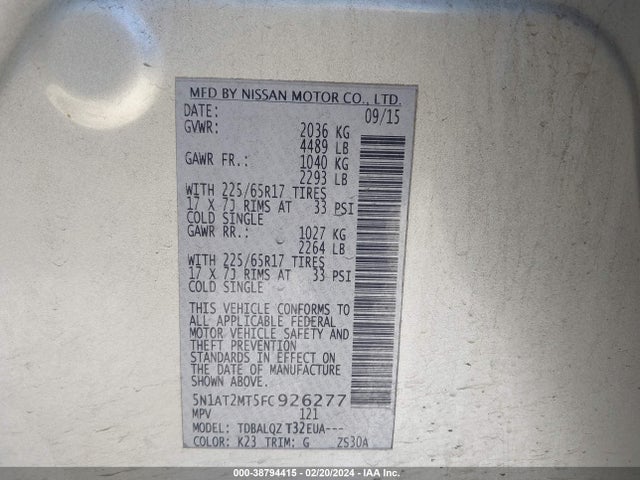 Nissan ROGUE SV 2015 5N1AT2MT5FC926277 Image 9