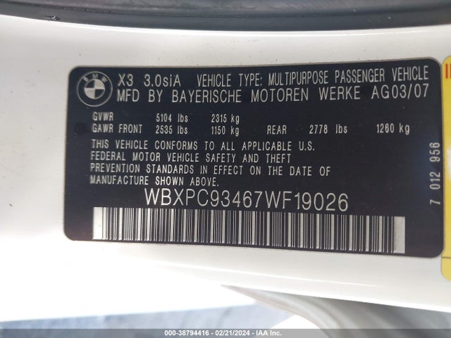 2007 BMW X3 3.0SI VIN: WBXPC93467WF19026