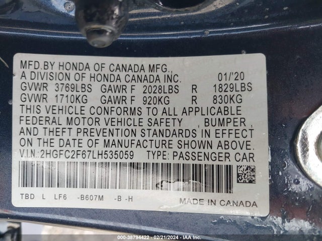 Honda Civic Lx 2020 2HGFC2F67LH535059 Image 9