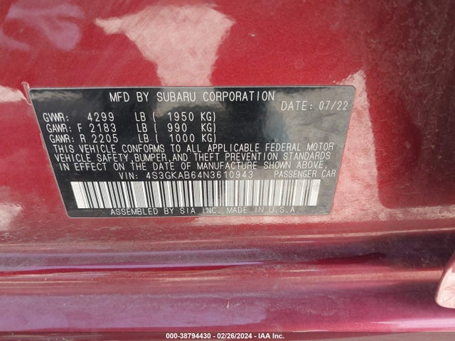 Subaru Impreza Base 2022 4S3GKAB64N3610943 Image 9