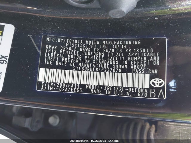 Toyota COROLLA L 2015 5YFBURHE8FP227078 Image 9
