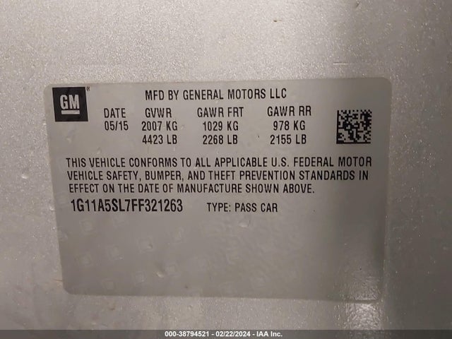 Chevrolet Malibu 1fl 2015 1G11A5SL7FF321263 Image 9