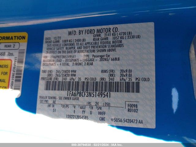 Ford Mustang Gt Premium Fastback 2022 1FA6P8CF3N5149541 Image 9