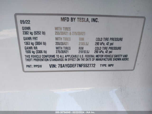7SAYGDEF7NF552772 Tesla Model Y Performance Dual Motor All-wheel Drive