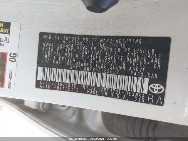 Toyota COROLLA LE 2015 5YFBURHE6FP269698 Image 9