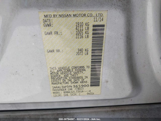 Nissan Altima 2.5 S 2015 1N4AL3AP3FN365900 Image 9