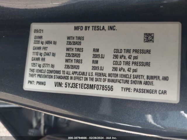 5YJ3E1EC8MF078556 Tesla Model 3 Performance Dual Motor All-wheel Drive