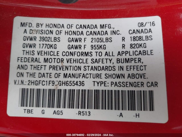 Honda Civic Touring 2016 2HGFC1F95GH655436 Image 9