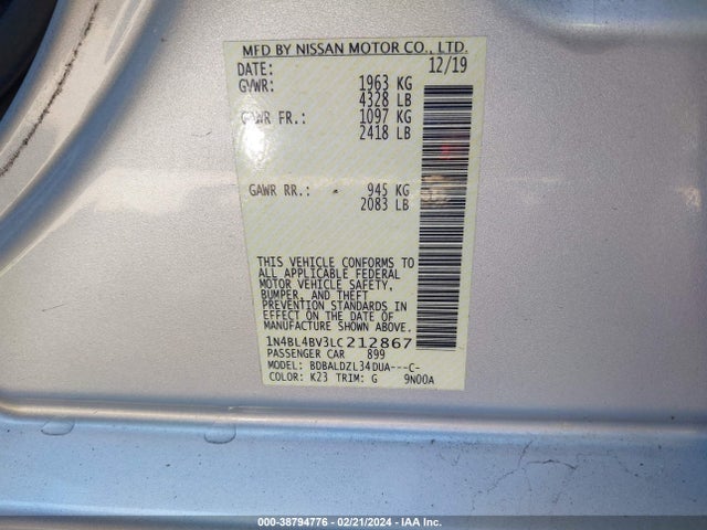 Nissan Altima S Fwd 2020 1N4BL4BV3LC212867 Image 9