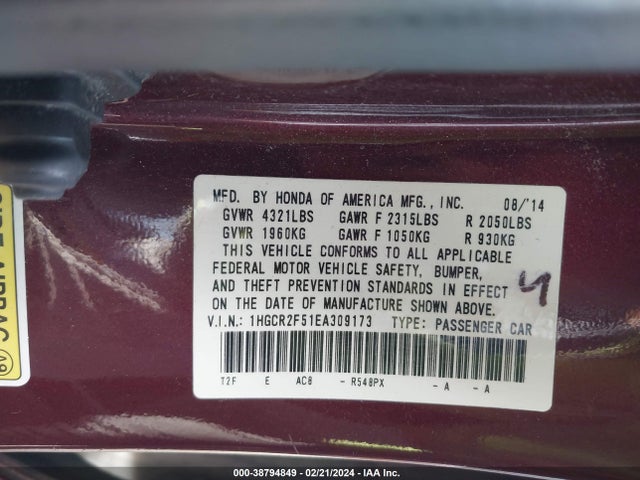 Honda Accord Sport 2014 1HGCR2F51EA309173 Image 9