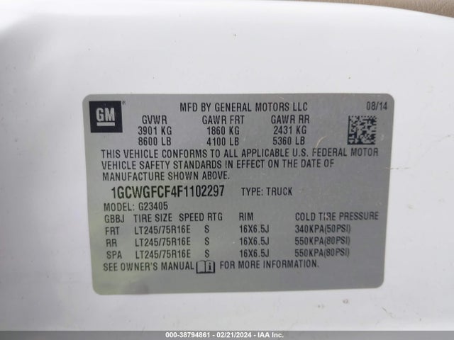 Chevrolet Express 2500 Work Van 2015 1GCWGFCF4F1102297 Image 9