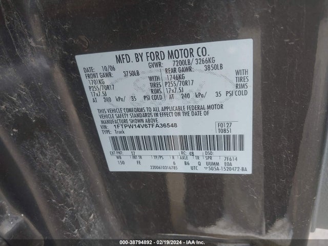 2007 FORD F-150 FX4/KING RANCH/LARIAT/XLT VIN: 1FTPW14V67FA36548