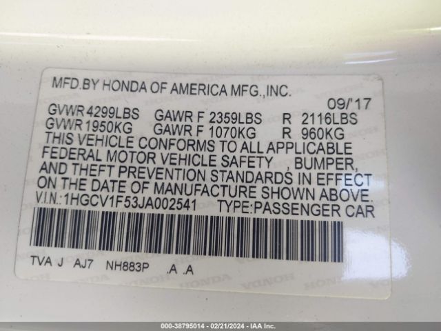 1HGCV1F53JA002541 Honda Accord Ex-l