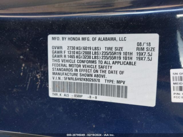 5FNRL6H92KB026978 Honda Odyssey Elite