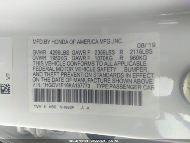 Honda ACCORD LX 2019 1HGCV1F16KA167773 Image 9