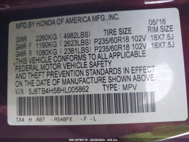 5J8TB4H58HL005862 Acura Rdx Technology Pkg/w/technology/acurawatch Plus Pkg