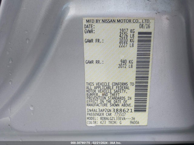 2016 NISSAN ALTIMA 2.5 S VIN: 1N4AL3AP2GN388621