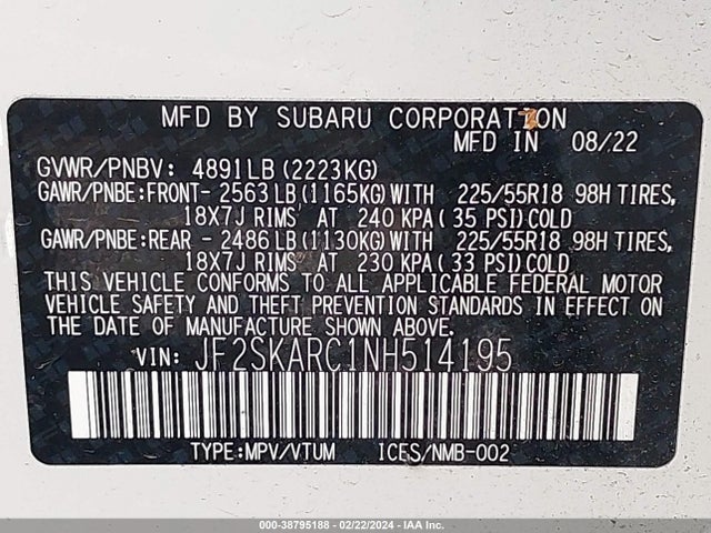 JF2SKARC1NH514195 Subaru Forester Touring