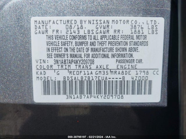 Nissan SENTRA S 2019 3N1AB7AP4KY209708 Image 9