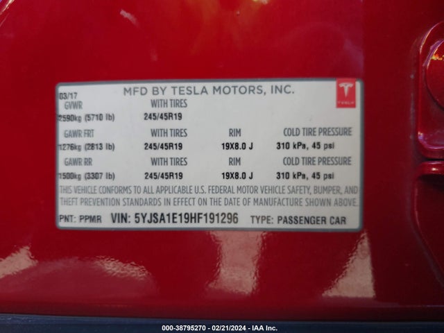 5YJSA1E19HF191296 Tesla Model S 60/75