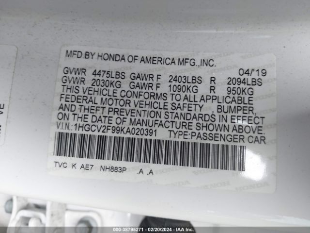 1HGCV2F99KA020391 Honda Accord Touring 2.0t