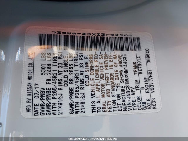 Infiniti QX70 2017 JN8CS1MUXHM144335 Image 9