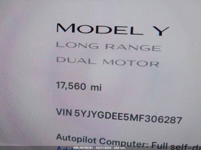 2021 TESLA MODEL Y LONG RANGE DUAL MOTOR ALL-WHEEL DRIVE VIN: 5YJYGDEE5MF306287