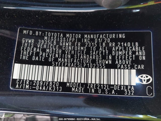 Toyota COROLLA LE 2020 5YFEPRAE5LP102355 Image 9