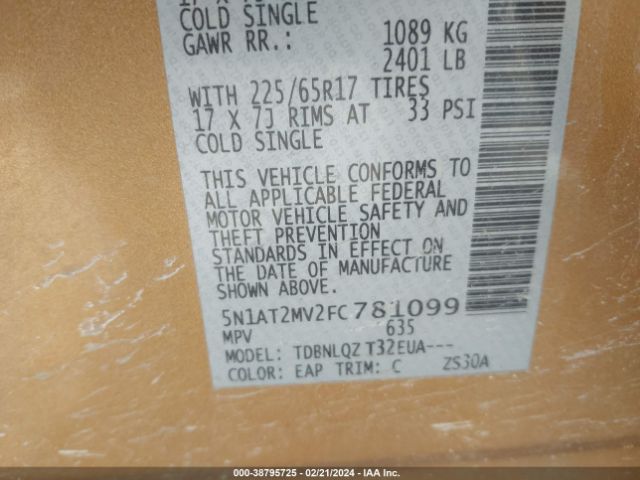 5N1AT2MV2FC781099 Nissan ROGUE SV