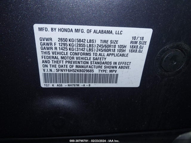 Honda Pilot Ex-l 2019 5FNYF6H52KB029685 Image 9